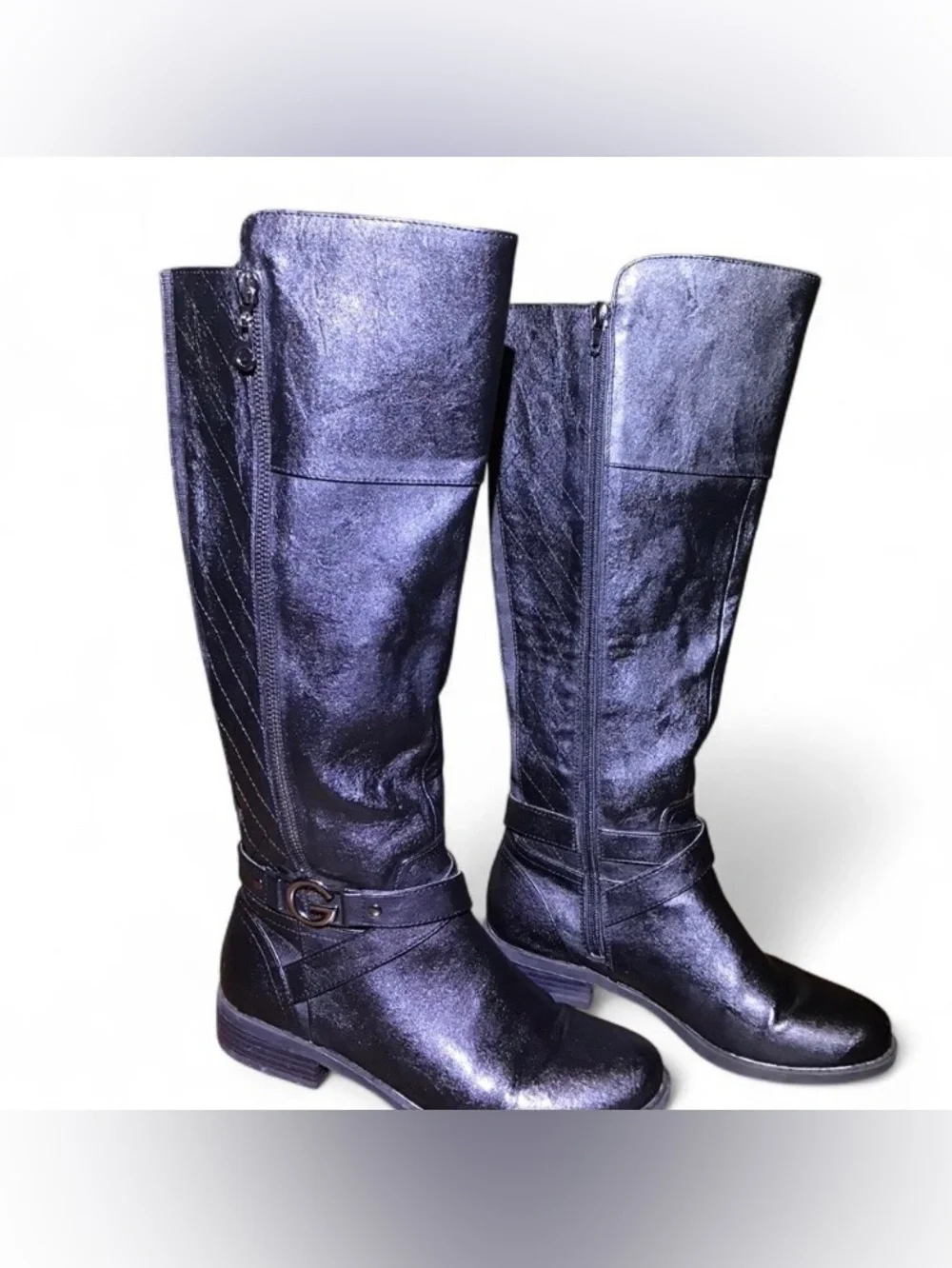 G by Guess Shiny Black Over-the-Knee Buckle Boots